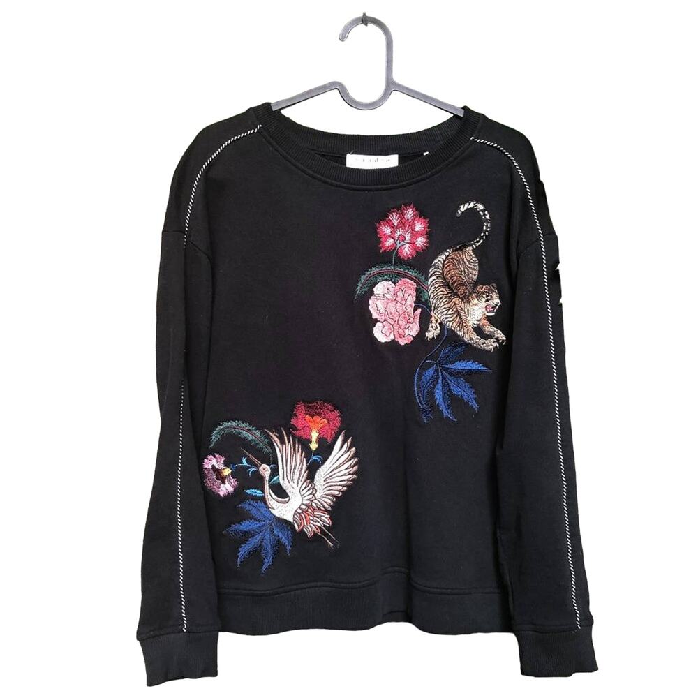 Sandro Embroidered Cotton Pullover Sweatshirt Traditional Art Tiger Pelican 1 S